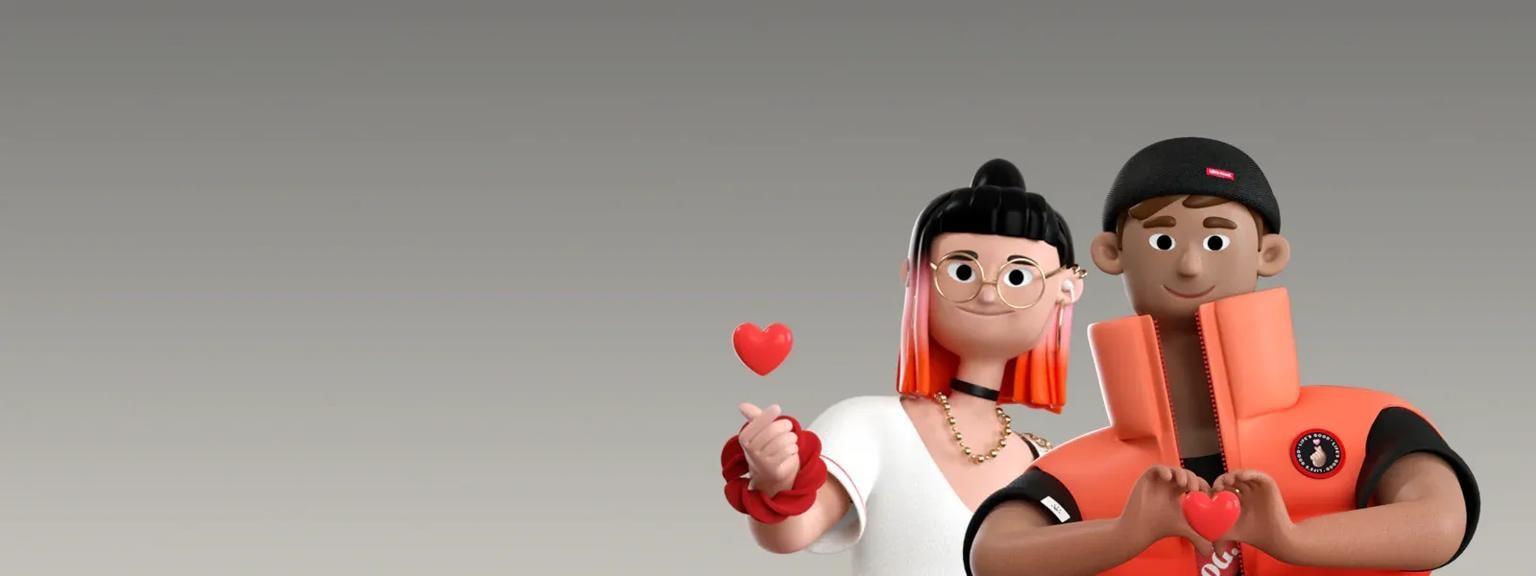 LG Fashionista character and LG Gamer character on a warm gray background. Both are making heart shapes with their hands.