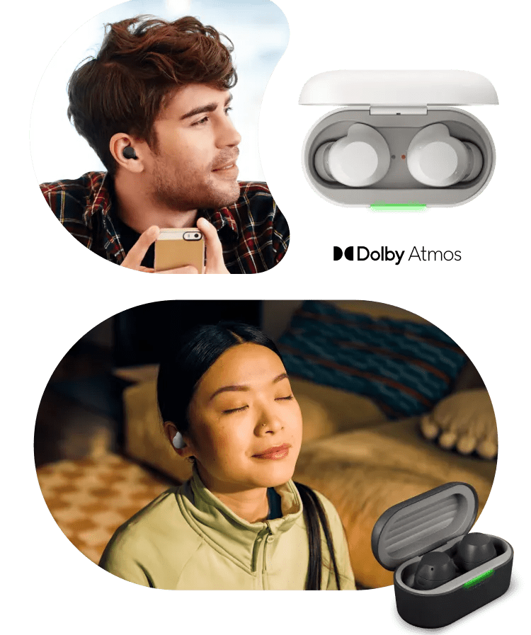 Young woman wearing LG earbuds sits on the ground looking into a smartphone and smiling. Young man wearing LG earbuds holding a smartphone looks to his right as he listens. Young woman wearing LG earbuds with her eyes closed as she listens.