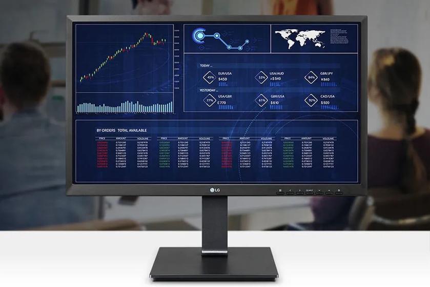 A busy office in the background, with an LG all-in-one cloud client in the foreground.