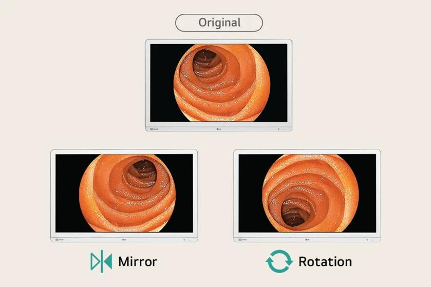 Three screens displaying images of an orange spiral, labeled “Original,” “Mirror,” and “Rotation.”
