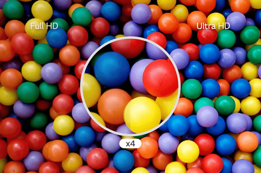 A collection of colorful balls with a magnified section showing increased detail, comparing Full HD and Ultra HD.