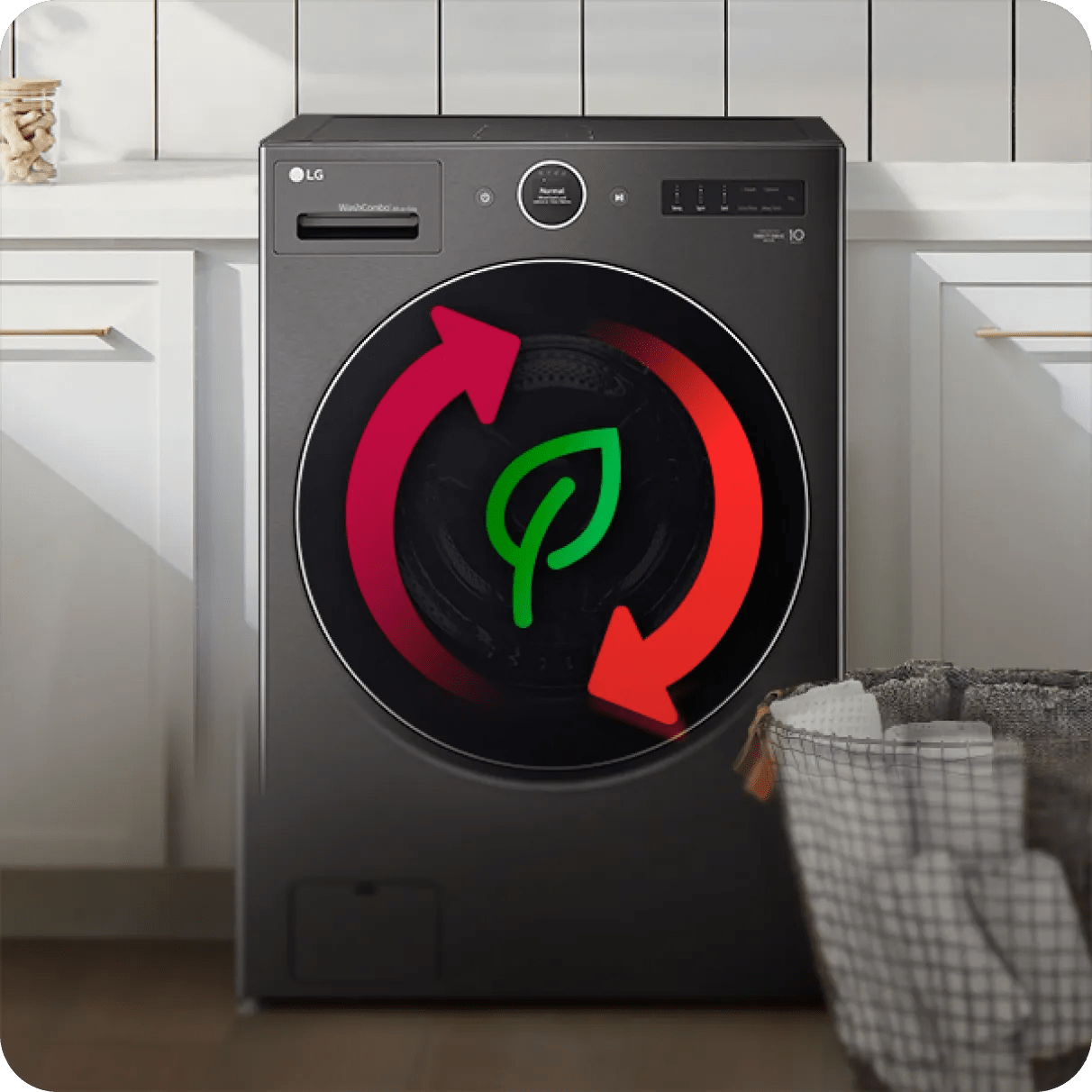 An LG WashCombo™ with a recycling symbol showcasing how it reuses circulated air.