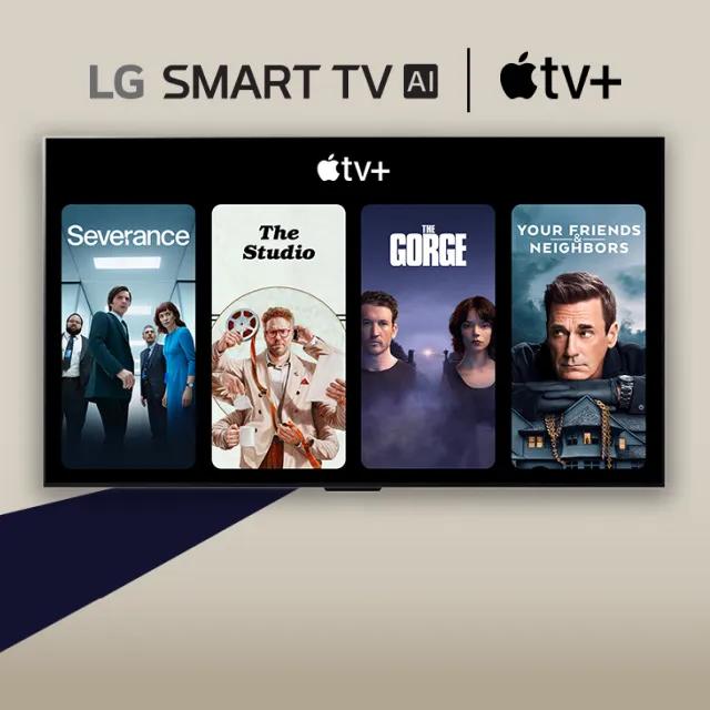 “LG Smart TV AI” and “Apple TV Plus” title badge. A TV screen appears on a tan background. Within the infill of the TV are various title cards from popular Apple TV Plus series, including Severance, The Gorge, The Studio, and Your Friends & Neighbors.