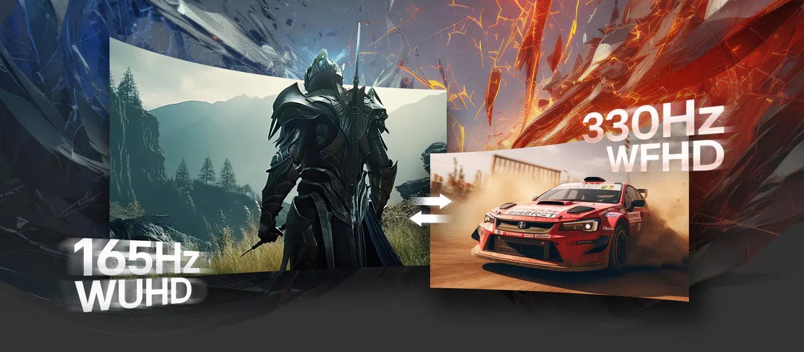An LG UltraGear display illustrates dual mode performance, showing a fantasy warrior scene at 165Hz WUHD resolution on the left and a rally racing car at 330Hz WFHD resolution on the right, emphasizing flexible refresh rate and resolution options.