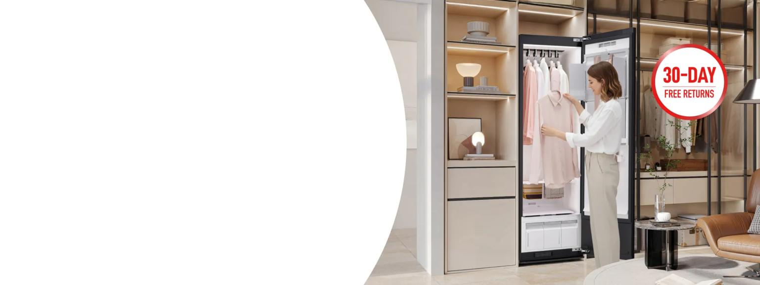 LG Styler® Steam Closet appears in bright living room setting. “30-Day Free Returns” badge.