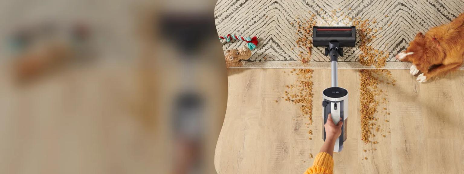 A person uses a cordless vacuum to clean spilled pet food from a light wood floor next to a patterned rug, while a brown and white dog watches nearby.
