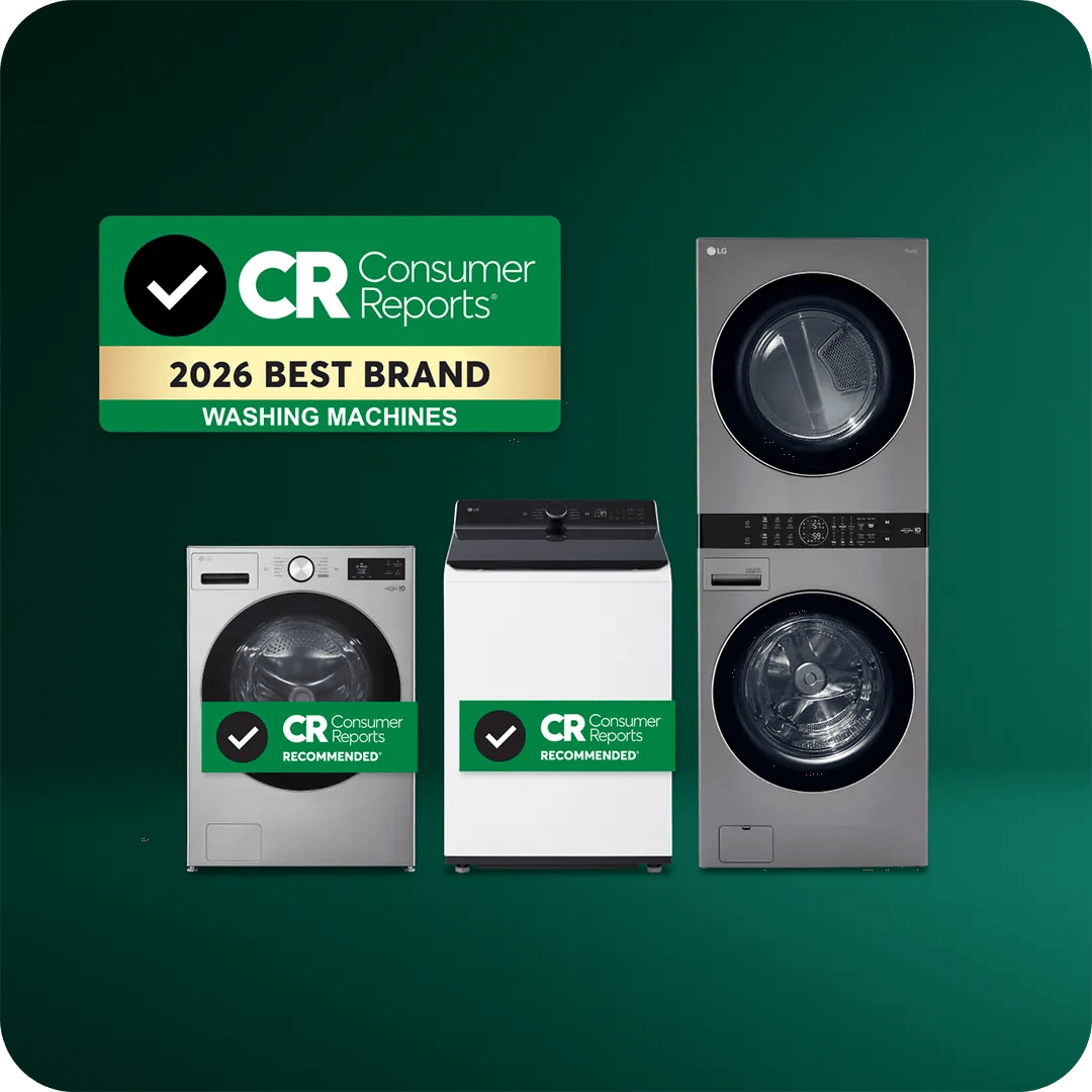 A front-load washer, top-load washer, and stacked washer-dryer tower on a green background with Consumer Reports Recommended badges and a 2026 Best Brand badge for washing machines.