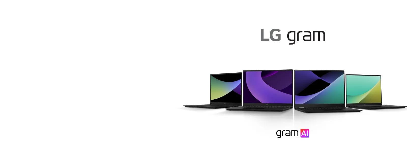 4 LG gram laptops are displayed in semi-circle facing forward in a white background. Emphasizing the power of AI and ultra-light features.