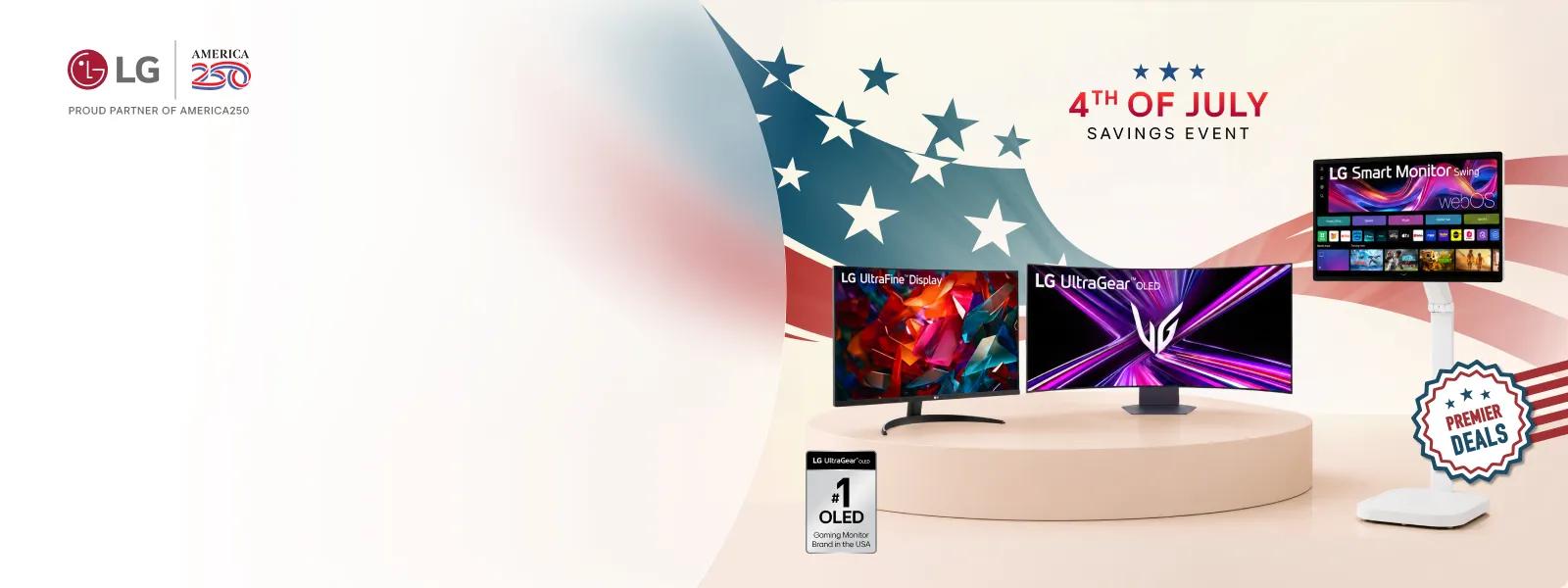 “4th of July Savings Event” title badge. A group of LG monitors and a Monitor Swing on a stars and stripes background. “Premier Deals” badge. “LG UltraGear OLED: #1 OLED Gaming Monitor Brand in the USA” badge.