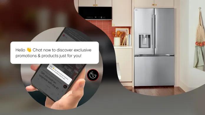 An LG refrigerator is seen in a brightly lit, modern kitchen. An LG Product Expert chat alert is seen on a smartphone.