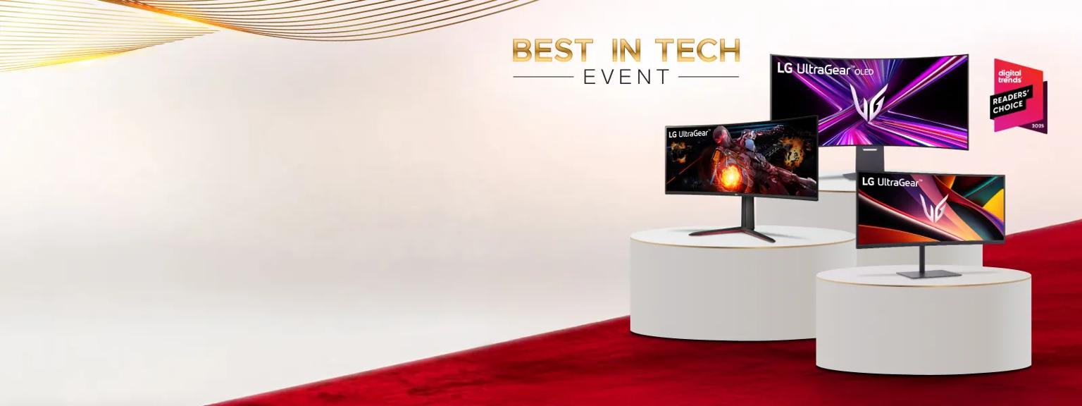 “Best in Tech Event” title badge. A group of various LG monitors on a red carpet. “Digital Trends Readers’ Choice 2025” badge.