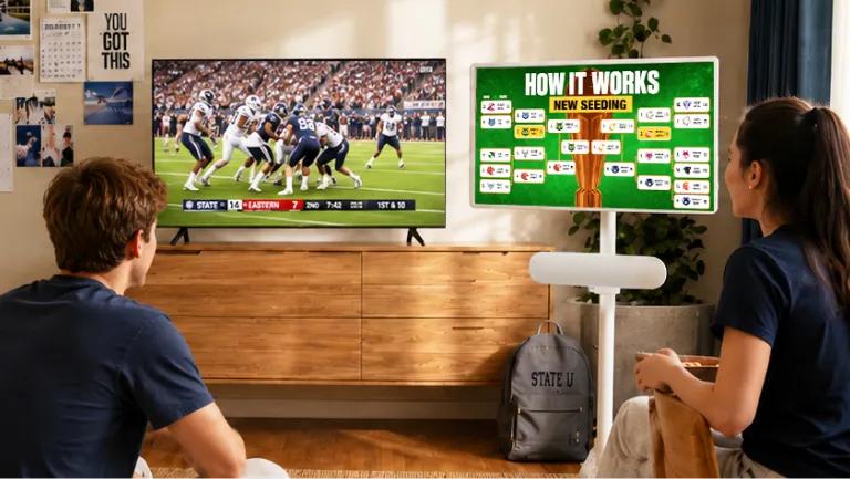 Two students watching an LG TV showing a football game alongside a second LG TV on a stand displaying a tournament bracket screen reading How It Works New Seeding in a dorm room setting.