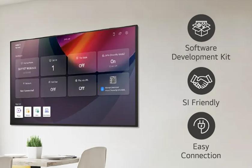 A smart display showing a digital interface with options, alongside icons denoting "Software Development Kit," "SI Friendly," and "Easy Connection."