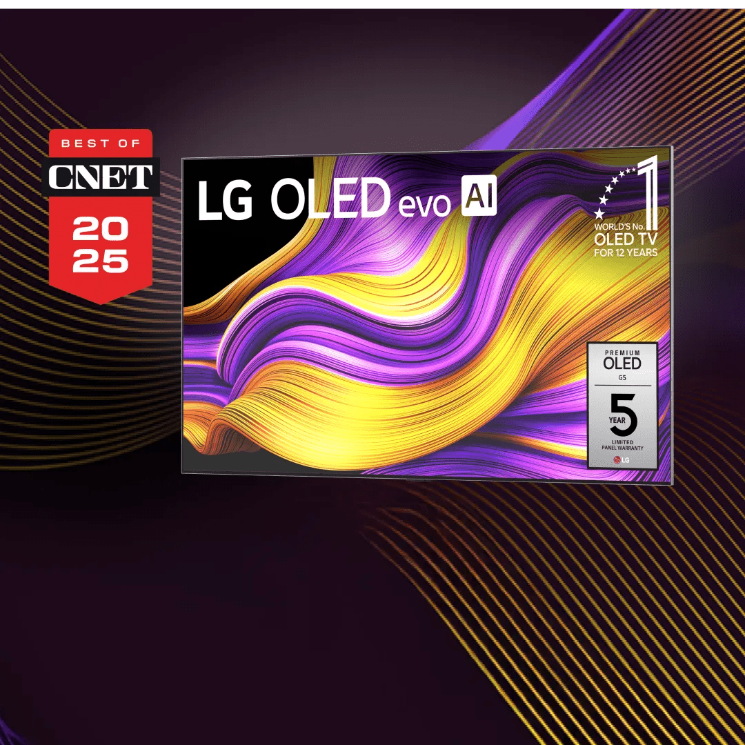 Ultra-large LG G5 OLED TV showing a CNET logo and quote