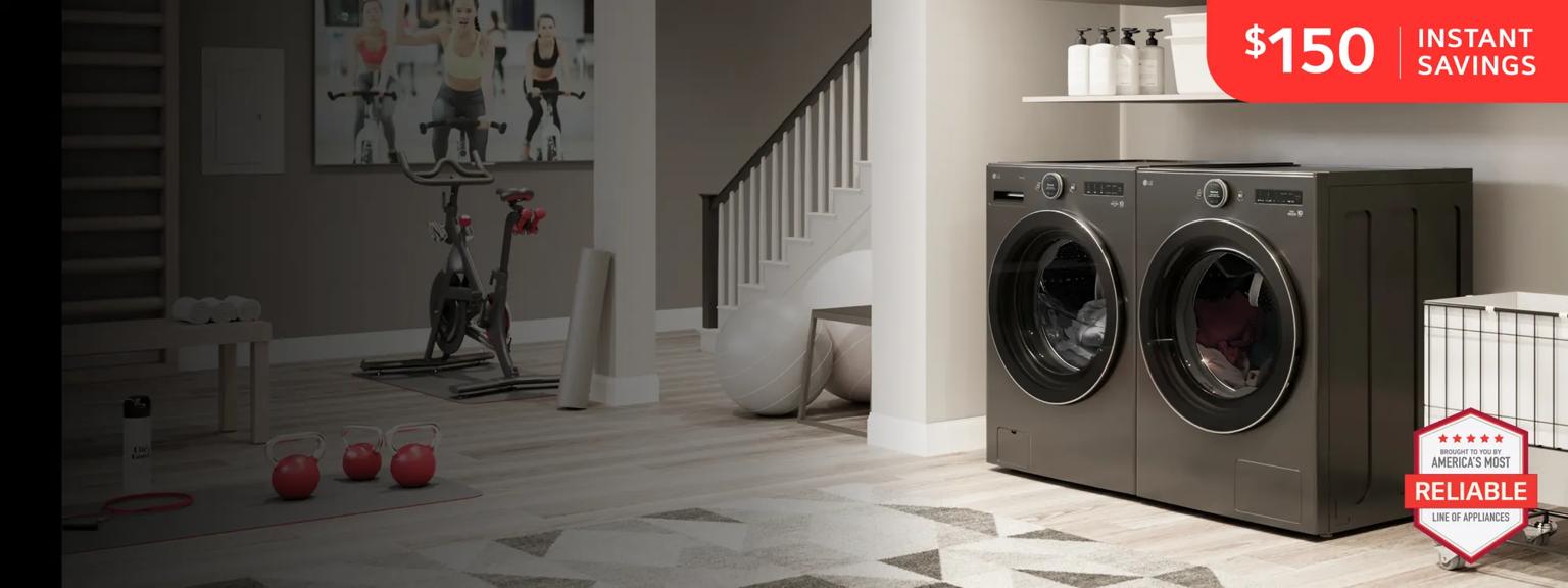 An LG Front Load washer and dryer appear in a home den and laundry room. “$150 instant savings” text appears above.