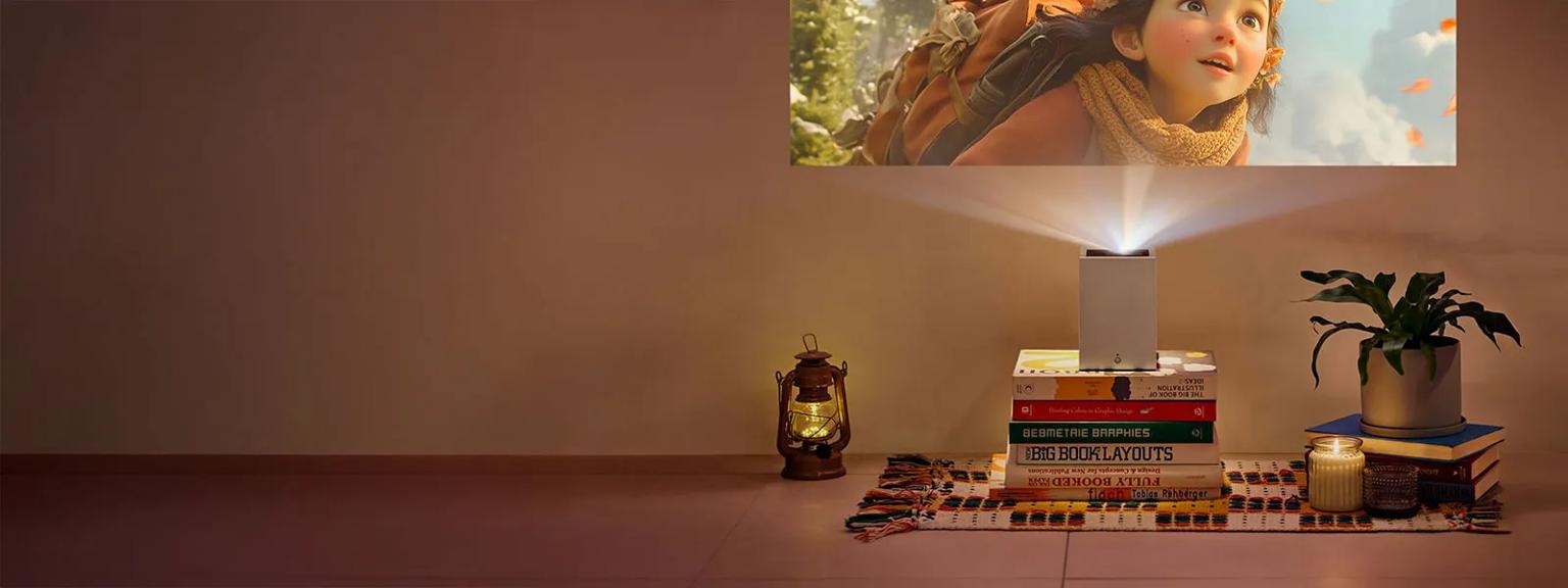 “LG CineBeam S” title badge. A projector rests on a stack of books as it displays a vivid movie scene onto a wall. 