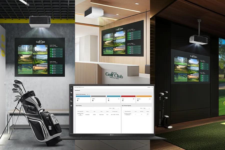 The same screen in three different indoor golf spaces. On top of the three scenes is a cut out image of a laptop displaying the management software.