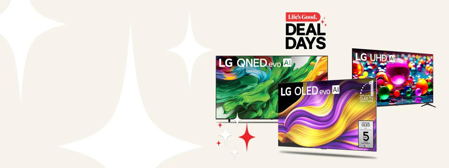 “Life’s Good Deal Days” title  badge. An OLED, QNED and UHD TV on a white background. “100% color volume” badge.