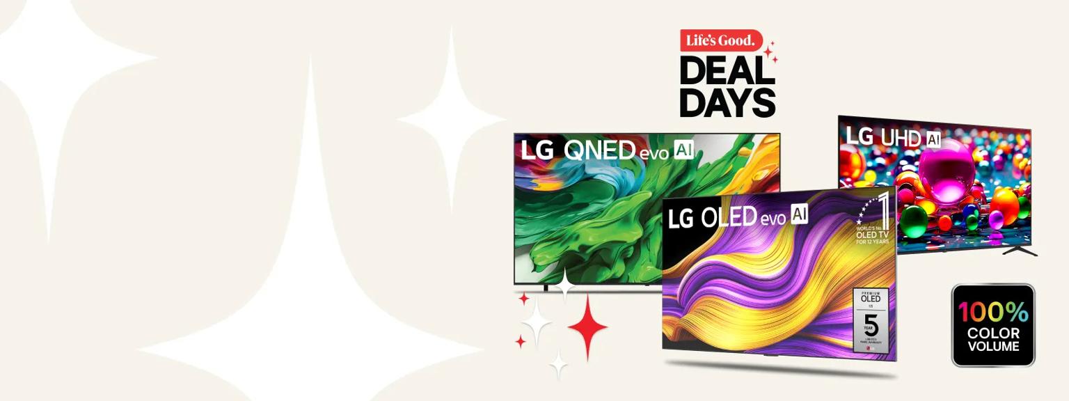 “Life’s Good Deal Days” title  badge. An OLED, QNED and UHD TV on a white background. “100% color volume” badge.