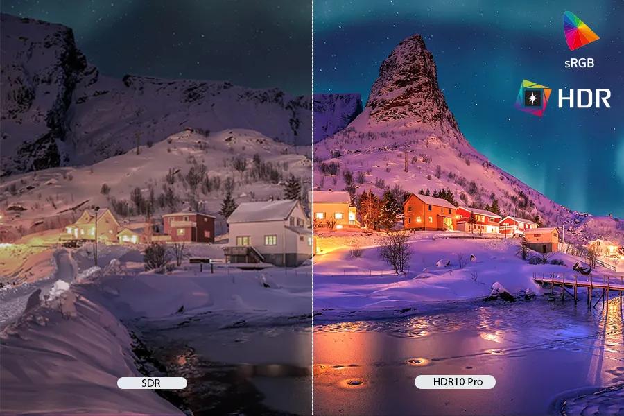 27U511SB-W SmartMonitor sRGB and HDR color comparison showing snowy mountain village scene with enhanced vibrancy