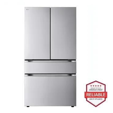 A badge next to this LG refrigerator says, Brought to you by America's most reliable line of appliances.