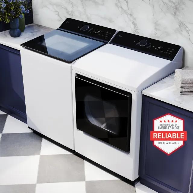 LG top-load washer and dryer pair in a laundry room setting, with Brought to you by America's Most Reliable Line of Appliances badge.