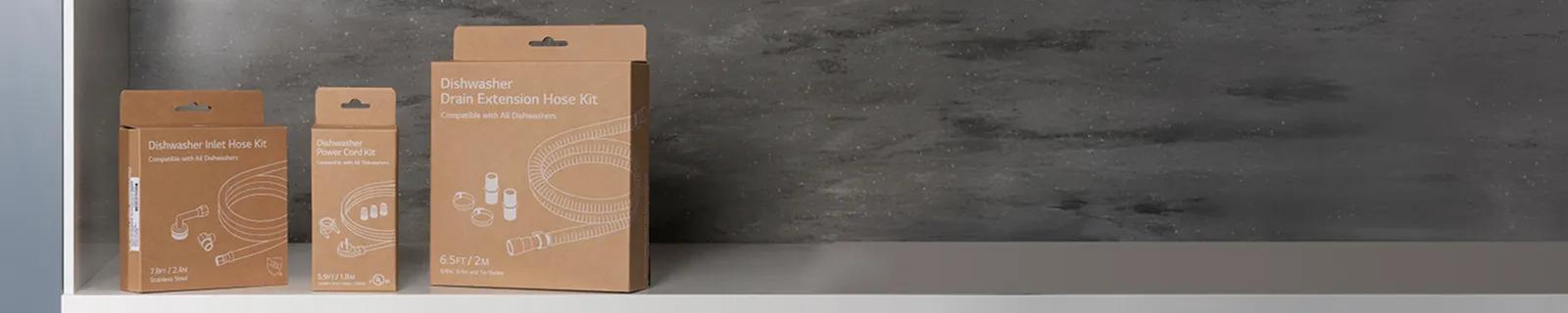 three installation hardware boxes sit on a white countertop