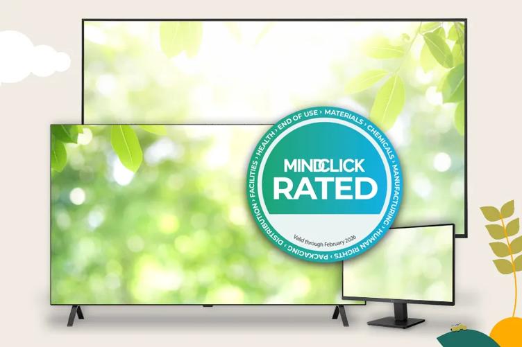 Three LG products sit on a light beige background: a Digital Signage display, a Hospitality TV, and an IT Monitor. Their screens are all filled with a soft background of sunlight filtering through leaves. A round badge placed over the products reads MindClick Rated 2022 - 2023. At the bottom of the image is a flat style illustration of a caterpillar perched on a leaf; at the top left is a cloud. 