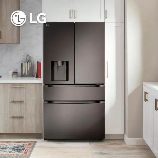 Frontal image of Top French door LG Refrigerator in a kitchen