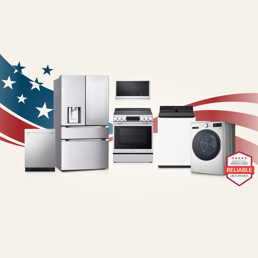 LG appliance lineup including dishwasher, French door refrigerator, over-the-range microwave, electric range, top-load washer, and front-load washer displayed against an American flag background, with Brought to You by America's Most Reliable Line of Appliances badge.