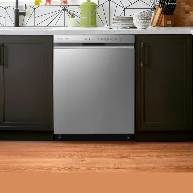 LG dishwasher in kitchen setting. “Free Installation Kit” pop out and image.