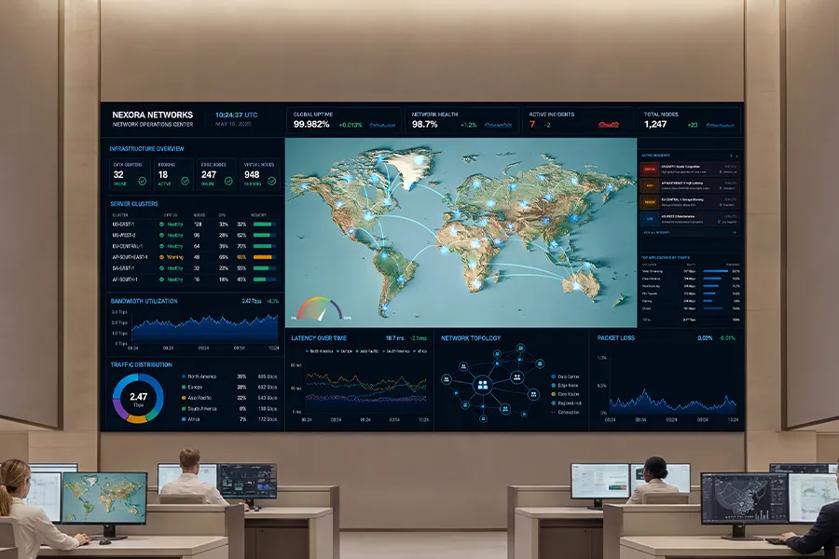 Network operations center with operators monitoring a large world-map network dashboard.