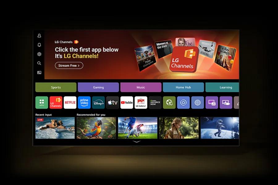 LG Smart TV home screen with webOS interface, highlighting LG Channels, app rows, and personalized recommendations.
