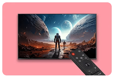 An LG TV screen displays a sci-fi scene of two astronauts standing on a rocky alien planet with large planets and moons in the sky, accompanied by an LG Magic Remote in the foreground.