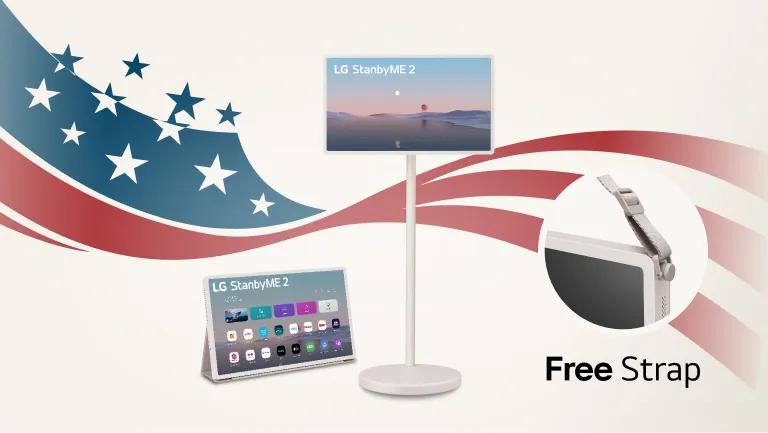 A StanbyME 2 Smart Portable Touch Screen appears on a stars and stripes background. Text “Free Strap” appears beside it.