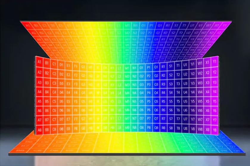 A 3D grid of squares showing a rainbow spectrum from red to violet, arranged in an open book-like shape.