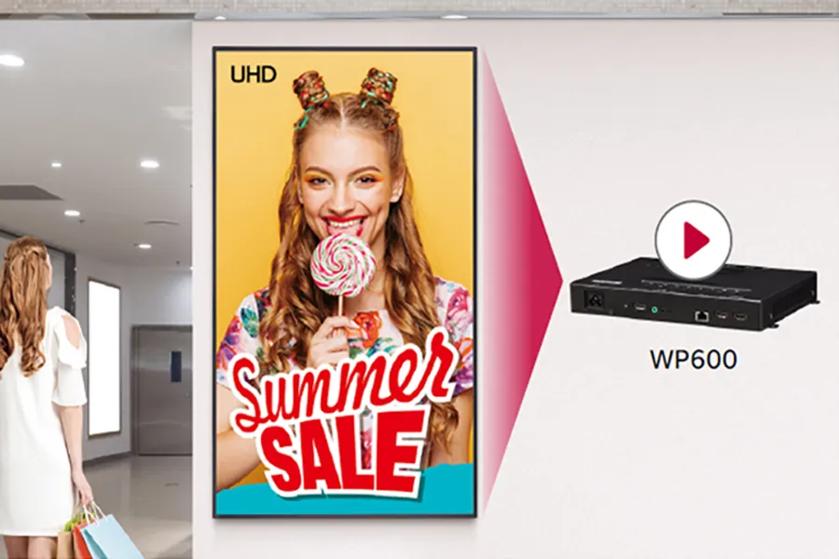 Digital screen displaying a "Summer SALE" advertisement next to a WP600 media device illustration.