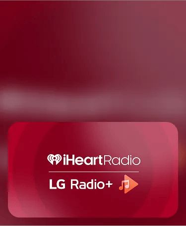 The logo for iHeartRadio and LG Radio+ displayed against a dark red background with concentric circular patterns.