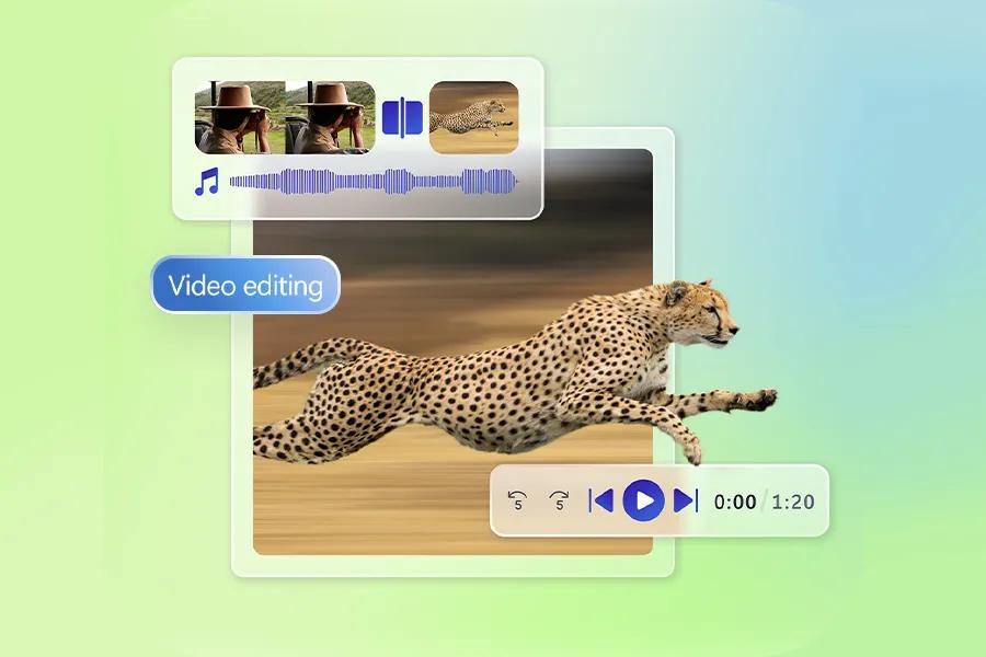 LG Gram 17Z90UB-H.AU76U3 Laptop video editing interface showing cheetah footage with audio waveform and playback controls