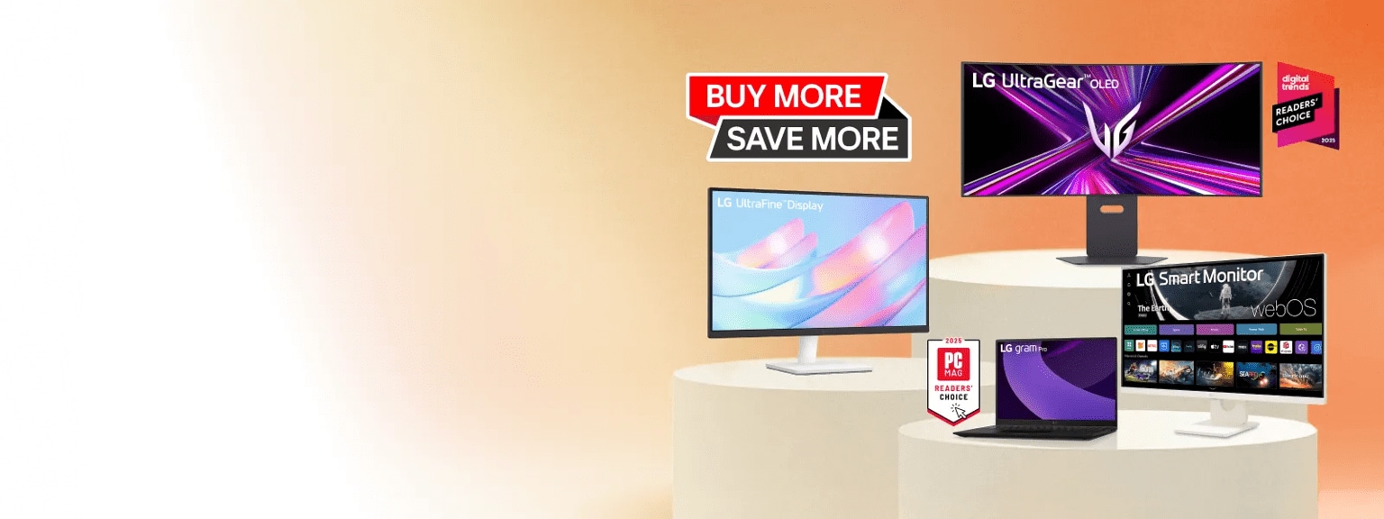“Buy More Save More” title badge. A group of monitors appear side-by-side. “2025 PC MAG Readers’ Choice” and “Digital Trends Readers’ Choice 2025” badges.
Reprinted with permission. © 2025 Ziff Davis, LLC. All Rights Reserved.