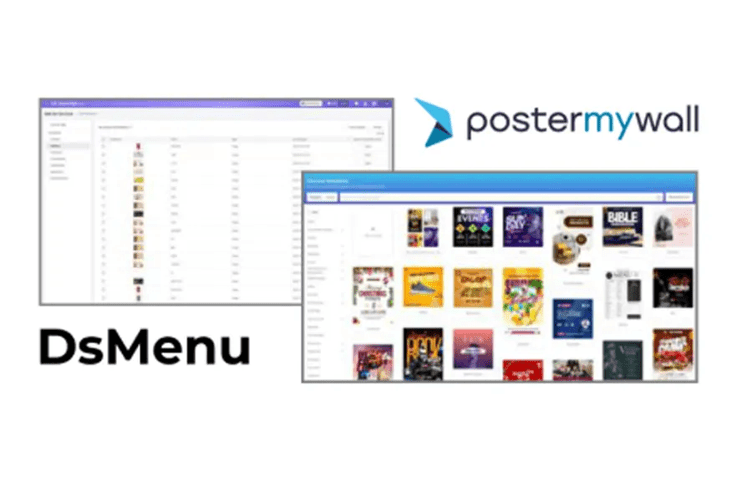 Overlapping screenshots of DsMenu and PosterMyWall interfaces with logos and text.
