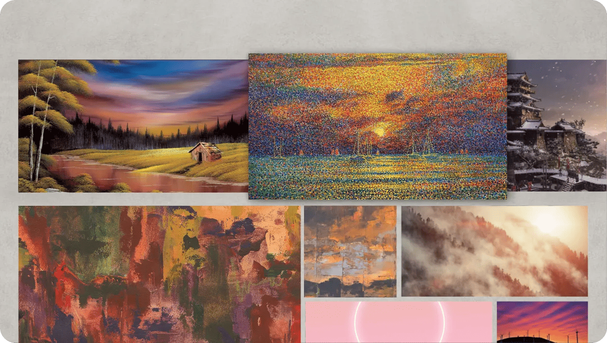Gallery of diverse digital and painted artworks displayed in a grid layout, featuring landscape paintings, abstract art, and scenic photography including a countryside cabin, pointillist sunset field, snow-covered pagoda, misty mountains, and colorful skies.