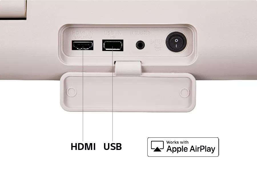 Közeli kép a csatlakozási portokról. Szöveg: HDMI, USB. Apple Airplay logóval működik.