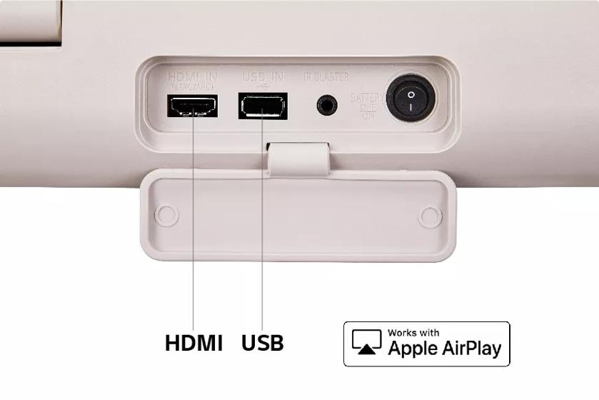 A close-up of the connectivity ports. Text: HDMI, USB. Works with Apple Airplay logo.