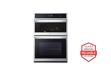 A front-facing image of an LG WCEP6423F/D double wall oven next to a red 'Brought to you by America's Most Reliable Line of Appliances' badge.