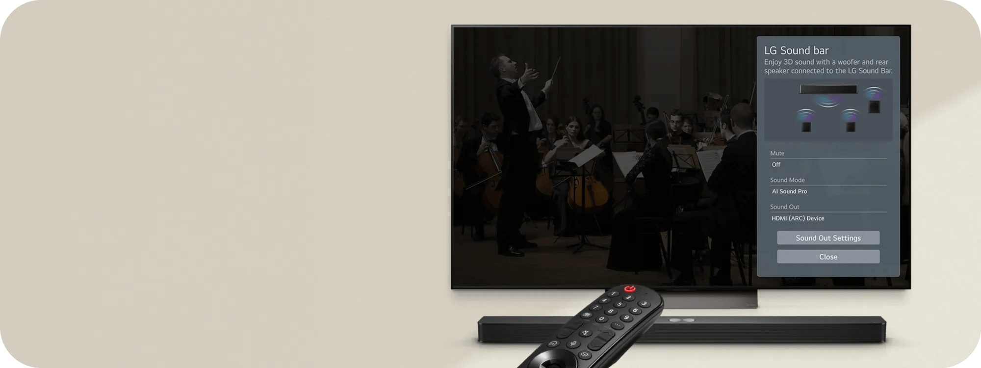 LG TV showing orchestra performance with LG Soundbar settings on screen, highlighting woofer and rear speaker connection. Magic remote and soundbar in foreground.