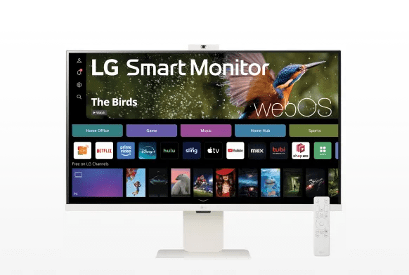 LG Smart Monitor 32SR85U-W on white background with remote displays webOS interface.