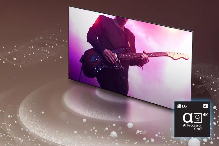 A guitar player on screen. Alpha 9 4K AI Processor Gen 7 chip.