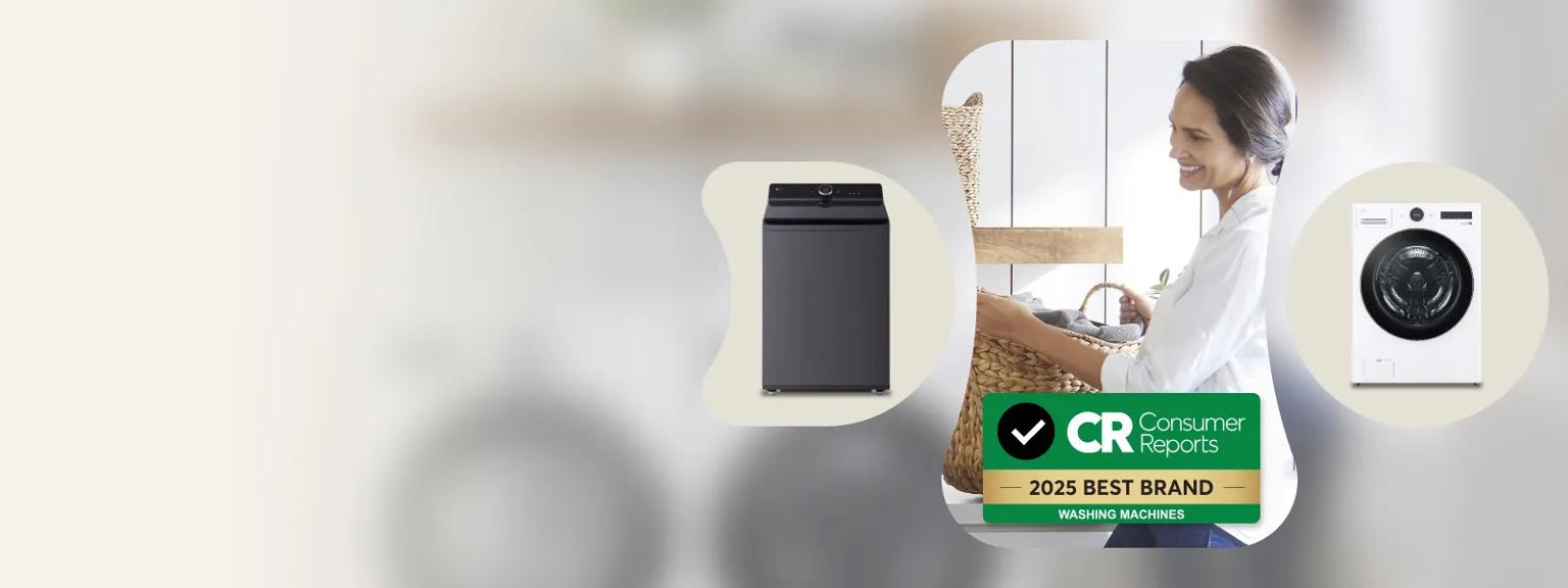 A woman holds a laundry basket alongside two LG washing machines in stylized shapes. A Consumer Reports Badge says “2025 Best Brand Washing Machines.”