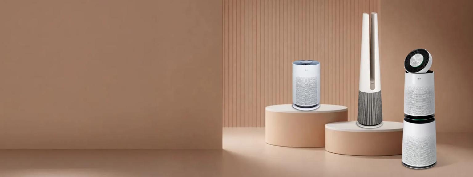 Various LG Air Care products appear on a beige background.